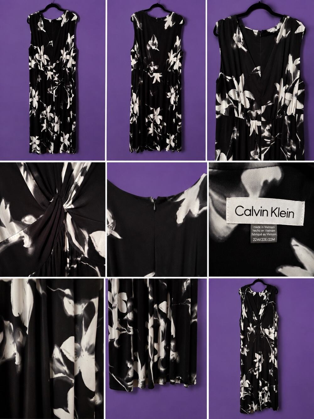 Calvin Klein Plus Size 22W Black & White Floral Maxi Dress Sleeveless